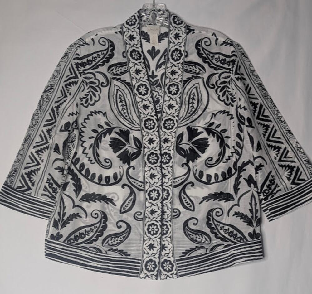Chico’s Kimono in Black/White print Cotton-Silk Blend, Size 1 (Medium 8) Glam